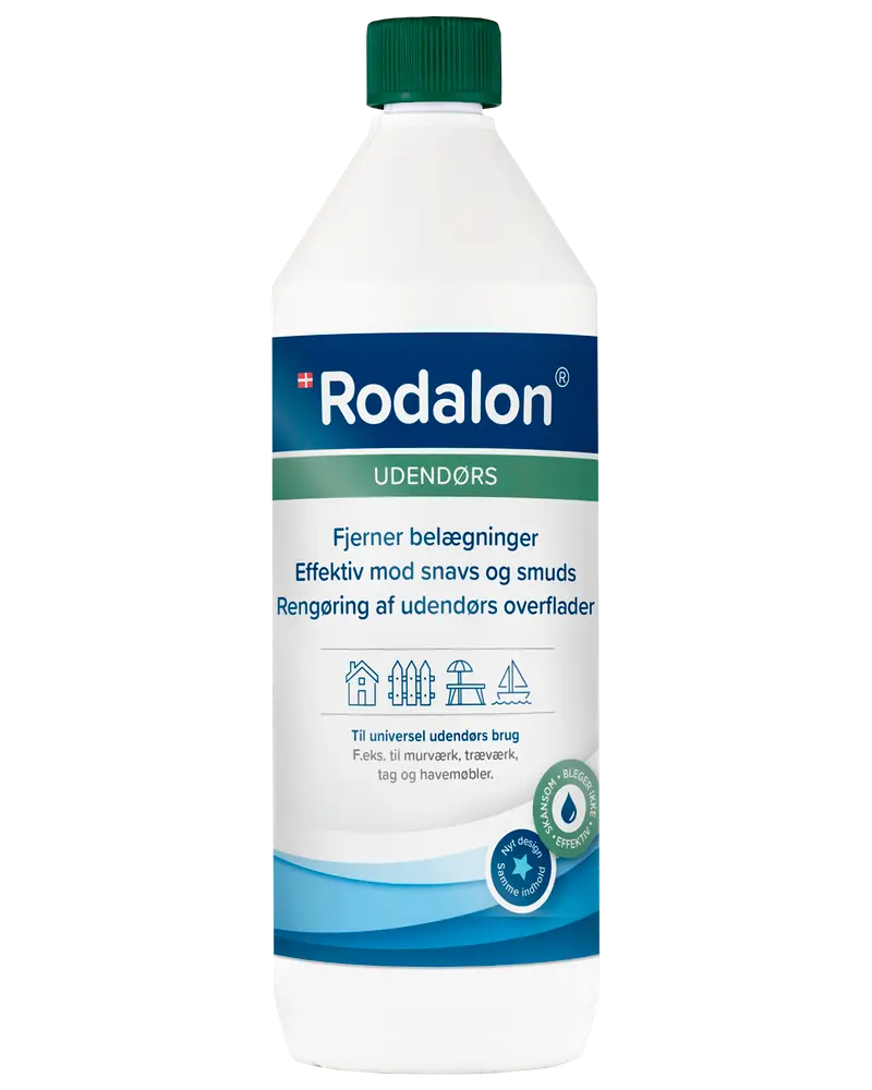 Rodalon Udendørs rengøringsmiddel, 1-liters flaske med grøn låg. Effektiv mod snavs og belægninger, til udendørs overflader som murværk, træværk, tag og havemøbler. Uden blegemiddel.