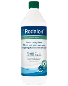 Rodalon Udendørs rengøringsmiddel, 1-liters flaske med grøn låg. Effektiv mod snavs og belægninger, til udendørs overflader som murværk, træværk, tag og havemøbler. Uden blegemiddel.