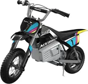 Razor MX350 elektrisk crossmotorcykel til børn, sort med blå, gule og pink detaljer, nummer 1 grafik, grove dæk, robust stel og realistisk motocross-design.