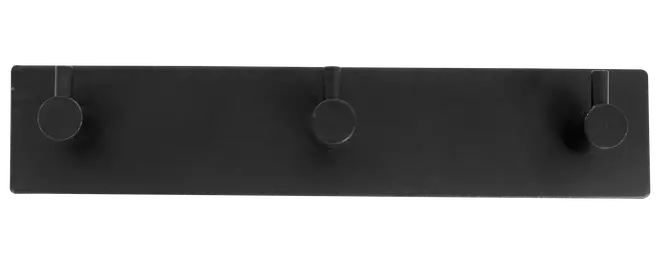 Sort rektangulært vægmonteret knagerække med tre runde knager og minimalistisk, fladt design.