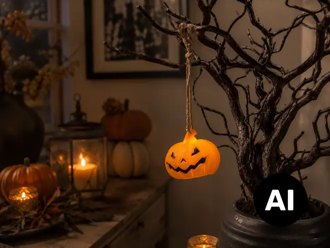 Lille glødende græskarlygte-ornament hængende fra et rustikt gren-træ med udskåret ansigt og snor, vist som Halloween-borddekoration. - Billedet er skabt med AI
