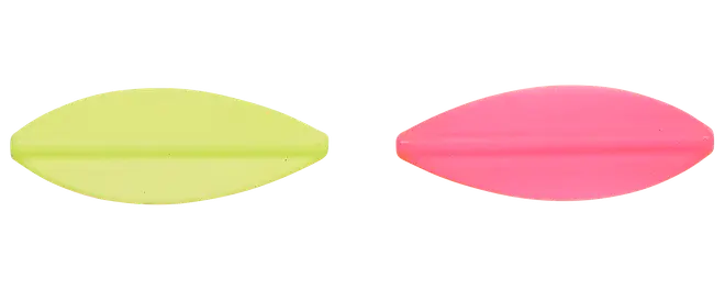 Två ovala, pillerformade plastföremål i neon gulgrön och rosa med en mittås.