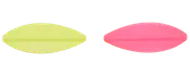 To ovale, pilleformede plastgenstande i neon gulgrøn og pink med en central forhøjning.