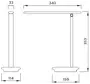 Teknisk tegning af skrivebordslampe med mål: 353 mm høj, 340 mm arm, 33 mm lampehoved, 114 mm og 159 mm basebredde. Minimalistisk, moderne design.