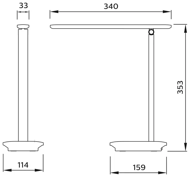 Teknisk tegning af skrivebordslampe med mål: 353 mm høj, 340 mm arm, 33 mm lampehoved, 114 mm og 159 mm basebredde. Minimalistisk, moderne design.