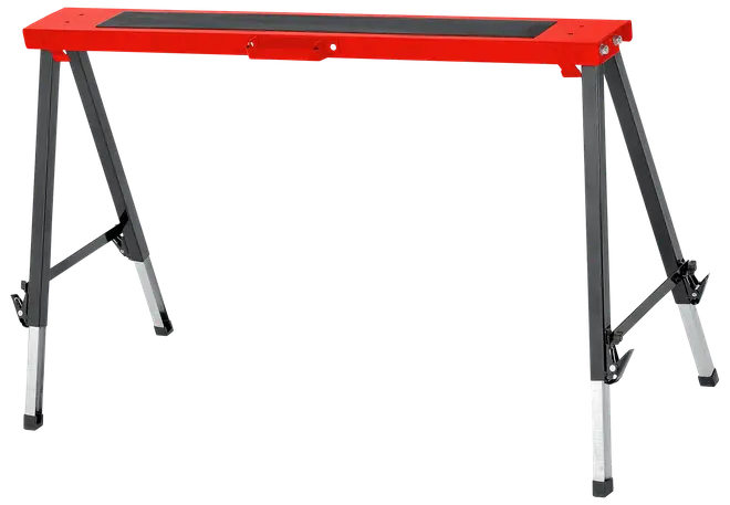 Sammenklappeligt buk med rød top, sorte justerbare ben og sølvfarvede fødder. Robust konstruktion til tunge materialer. Nem at transportere og opbevare.