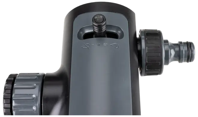Sort og grå justerbar haveslange-dyse med ergonomisk greb, drejeknap til spraymønstre og lynkobling til nem montering på standard haveslanger.