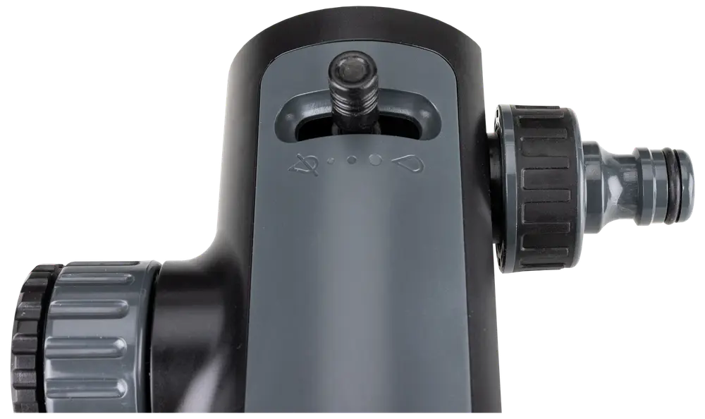 Sort og grå justerbar haveslange-dyse med ergonomisk greb, drejeknap til spraymønstre og lynkobling til nem montering på standard haveslanger.
