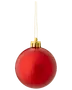 Rødt juletræskugle med blank overflade, guldfarvet top og ophængssnor. Klassisk rund form, ideel til julepynt eller trædekoration.