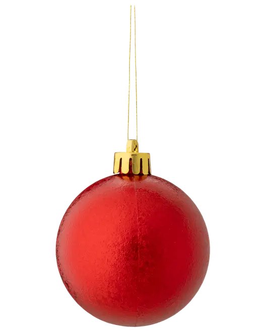 Rødt juletræskugle med blank overflade, guldfarvet top og ophængssnor. Klassisk rund form, ideel til julepynt eller trædekoration.