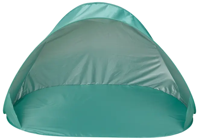 Lätt turkos pop-up strandtält med öppen framsida, rundad kupolform och golvmatta. Ger solskydd och skugga, rymmer två personer. Tillverkat av vattenavvisande syntetmaterial.