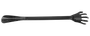 Langt sort plastserveringsredskab med en flad spatulaende og en gaffelende med fire tænder.