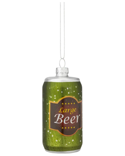 Julepynt i glas formet som en grøn øldåse med sølvtop, mærket "Large Beer" i hvid og guld, og sølvfarvet ophængssnor.
