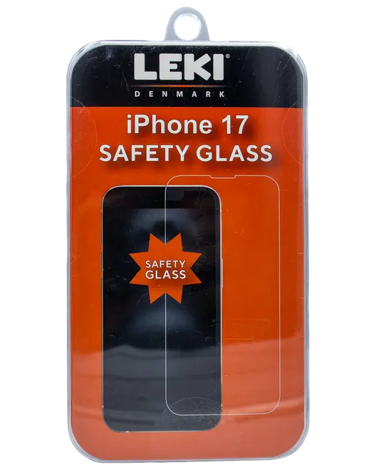 LEKI sikkerhedsglas til iPhone 17, klart og slidstærkt, ridsefast, leveres i gennemsigtig plastemballage med orange og sort design.