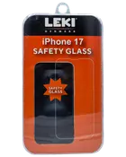 LEKI sikkerhedsglas til iPhone 17, klart og slidstærkt, ridsefast, leveres i gennemsigtig plastemballage med orange og sort design.