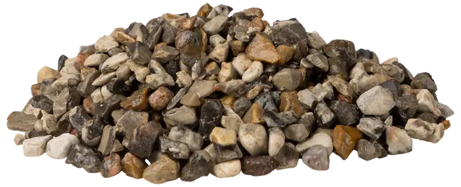 Bunke af små, ujævne grussten i blandede brune, grå og beige nuancer. Velegnet til haveanlæg, indkørsler eller stier. Vasket og naturlig overflade.