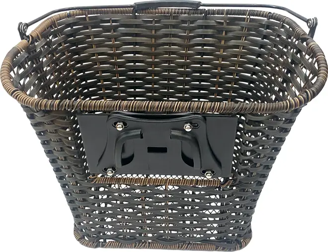 Rectangular basket with a dark brown woven rattan design, featuring a sturdy metal mounting plate on one side for secure attachment. The basket has a reinforced rim and a metal handle for easy carrying or mounting. The weave is tight and uniform, providing durability and a classic look.