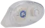 Transparent plastkorrigeringsroller med synliga kugghjul och vitt korrigeringsband. Ergonomisk form för bra grepp, perfekt för att täcka misstag på papper.
