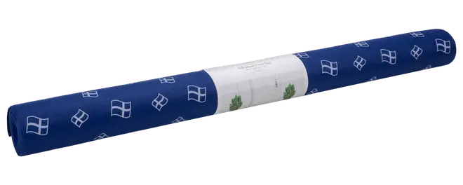 Blåt gavepapir på rulle med hvide geometriske vinduesmønstre, rullet sammen og holdt med hvidt mærkat. Velegnet til gaveindpakning eller hobbybrug, moderne design.