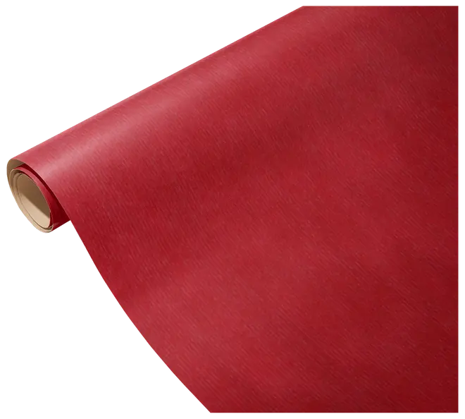 En rulle rött presentpapper med subtil textur, delvis utrullad. Perfekt för presentinslagning, pyssel eller dekoration. Pappret ser slätt och livfullt ut.