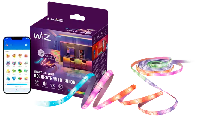 WiZ smart LED-strip, flerfarvet, fleksibel, 4 meter lang. Styres via app til tilpasset belysning. Velegnet til boligindretning, nem montering og energieffektiv drift.
