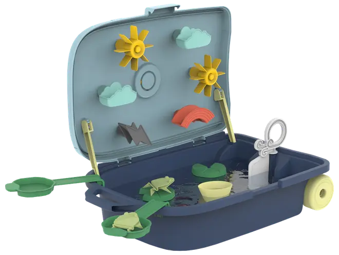 Børns vandlegesæt i blå kuffert med gule tandhjul, skyer, regnbue, åkander og lille båd. Indeholder interaktive elementer til fantasifuld og sanselig leg.