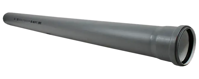 Lang grå konisk plastpipe med flared samlingsende og glat mat overflade.