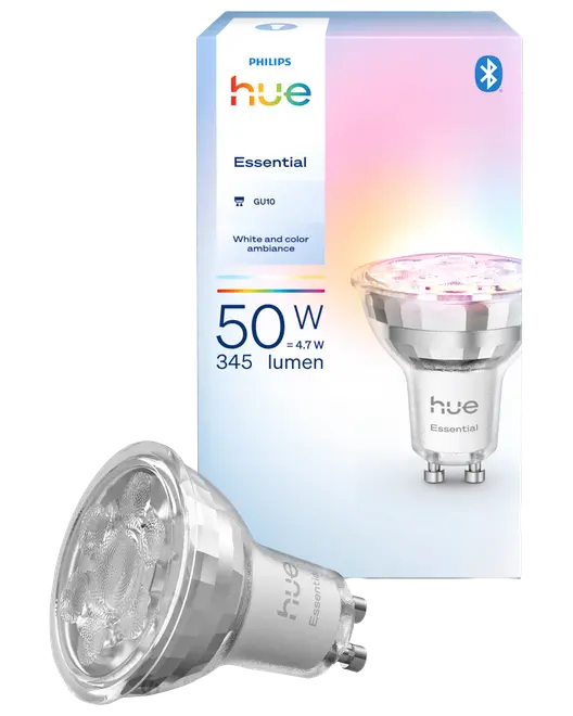 Philips Hue Essential GU10 LED-pære, 50W ækvivalent, 345 lumen, hvid og farve, Bluetooth. Kompakt spotpære, velegnet til smart belysning i hjemmet.