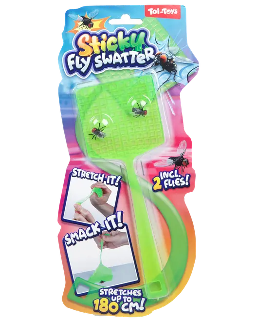 Klistret fluesmækker-legetøj med grøn, strækbar padle og to falske fluer. Kan strækkes op til 180 cm. Sjovt og farverigt design til børn.