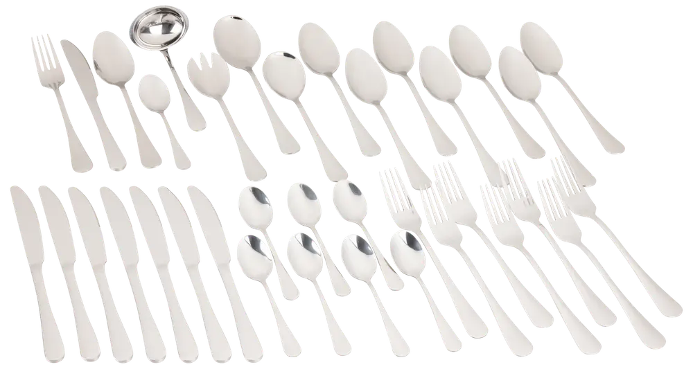 48-delt bestiksæt i rustfrit stål med knive, gafler, spiseskeer, teskeer, serveringsskeer og en suppeske. Elegant, poleret design til daglig brug og fest.