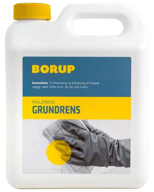 Borup Malerens Grundrens, 2,5L plastdunk med gul låg, anvendes til afrensning og affedtning af malede overflader før maling. Etiketten viser rengøringshandske og klud.