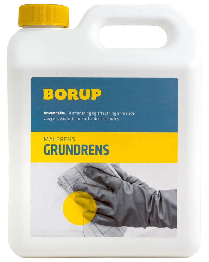 Borup Malerens Grundrens, 2,5L plastdunk med gul låg, anvendes til afrensning og affedtning af malede overflader før maling. Etiketten viser rengøringshandske og klud.