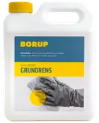 Borup Malerens Grundrens, 2,5L plastdunk med gul låg, anvendes til afrensning og affedtning af malede overflader før maling. Etiketten viser rengøringshandske og klud.