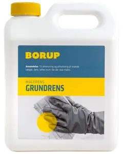 Borup Malerens Grundrens, 2,5L plastdunk med gul låg, anvendes til afrensning og affedtning af malede overflader før maling. Etiketten viser rengøringshandske og klud.