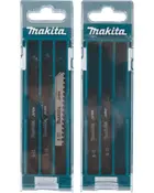Sæt Makita stiksavklinger i gennemsigtige plastæsker, hver med tre metalblade med forskellige tandmønstre, egnet til forskellige skæreopgaver. Makita-logo synligt på emballagen.