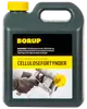 En-liters flaske Borup cellulosefortynder med gul låg, bruges til fortynding og rensning af cellulosebaseret maling. Sort og gul etiket med brugsanvisning og produktbillede.