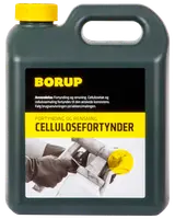 Sort plastdunk med gult låg og hank, mærket 'Borup Cellulosefortynder' til fortynding og rensning af celluloselak og maling. Produktinformation og brugsanvisning på forsiden.