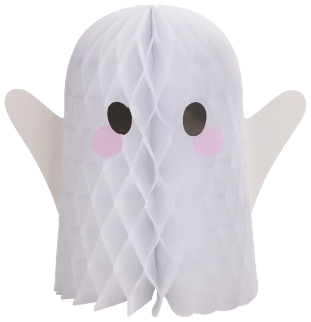 Papir honeycomb spøgelsesdekoration med hvid krop, to sorte ovale øjne, lyserøde kinder og udstrakte arme. Sød og festlig, perfekt til Halloween.