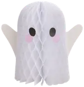 Papir honeycomb spøgelsesdekoration med hvid krop, to sorte ovale øjne, lyserøde kinder og udstrakte arme. Sød og festlig, perfekt til Halloween.