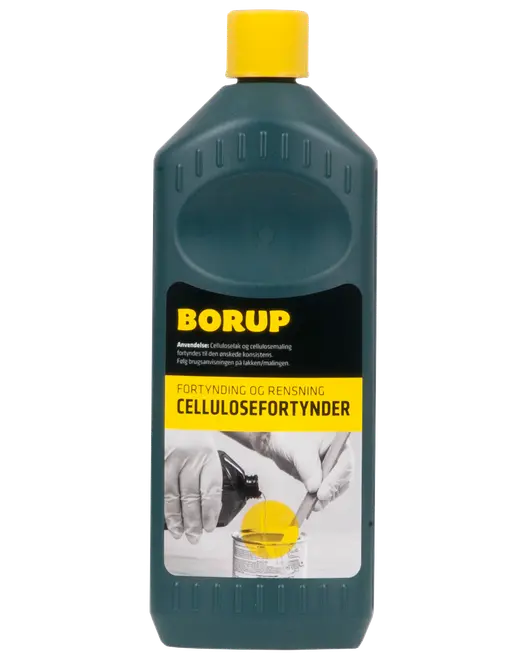 En-liters flaske Borup cellulosefortynder med gul låg, bruges til fortynding og rensning af cellulosebaseret maling. Sort og gul etiket med brugsanvisning og produktbillede.