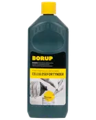 En-liters flaske Borup cellulosefortynder med gul låg, bruges til fortynding og rensning af cellulosebaseret maling. Sort og gul etiket med brugsanvisning og produktbillede.