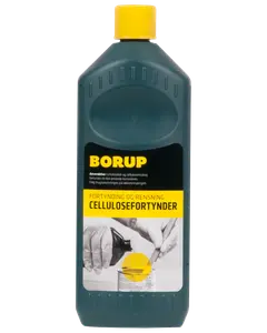 En-liters flaske Borup cellulosefortynder med gul låg, bruges til fortynding og rensning af cellulosebaseret maling. Sort og gul etiket med brugsanvisning og produktbillede.