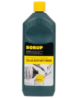 Sort plastdunk med gult låg og hank, mærket 'Borup Cellulosefortynder' til fortynding og rensning af celluloselak og maling. Produktinformation og brugsanvisning på forsiden.