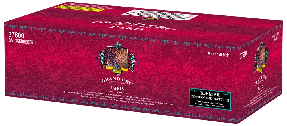 Stor rektangulær æske Grand Cru Paris fyrværkeri, rød med dekorative mønstre, produktinformation og centralt logo med pariserhjul og bymotiv illustration.