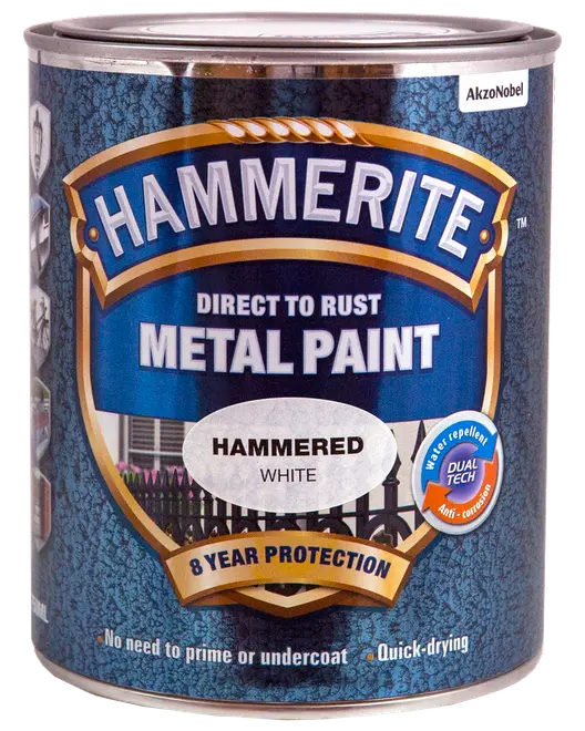 Hammerite metalmaling til direkte rust, hamret hvid finish, 8 års beskyttelse, vandafvisende, hurtigtørrende, ingen grunding nødvendig, egnet til metaloverflader.
