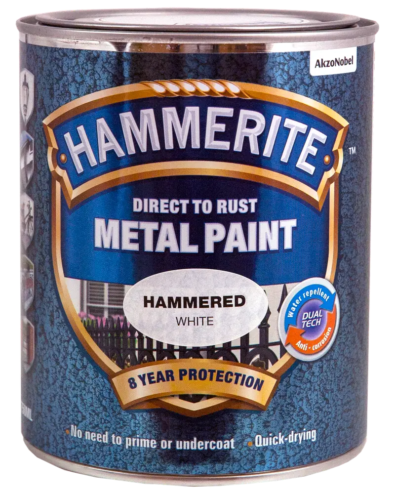 Hammerite metalmaling til direkte rust, hamret hvid finish, 8 års beskyttelse, vandafvisende, hurtigtørrende, ingen grunding nødvendig, egnet til metaloverflader.