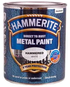 Hammerite metalmaling til direkte rust, hamret hvid finish, 8 års beskyttelse, vandafvisende, hurtigtørrende, ingen grunding nødvendig, egnet til metaloverflader.
