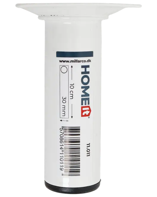 Hvidt metalmøbelben, 10 cm højt, 30 mm diameter, rundt, med monteringsplade øverst og sort fod. Velegnet til skabe, sofaer eller borde. Mærke: HOME it.