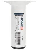 Hvidt metalmøbelben, 10 cm højt, 30 mm diameter, rundt, med monteringsplade øverst og sort fod. Velegnet til skabe, sofaer eller borde. Mærke: HOME it.