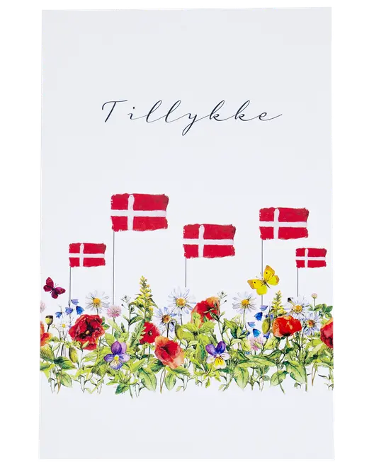 Kort med teksten 'Tillykke', danske flag og farverige vilde blomster som valmuer, margueritter og violer. Sommerfugle og hvid baggrund. Festligt og glædeligt design.
